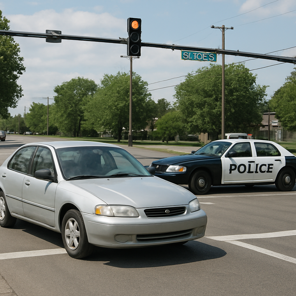 Car running a red light with police behind it