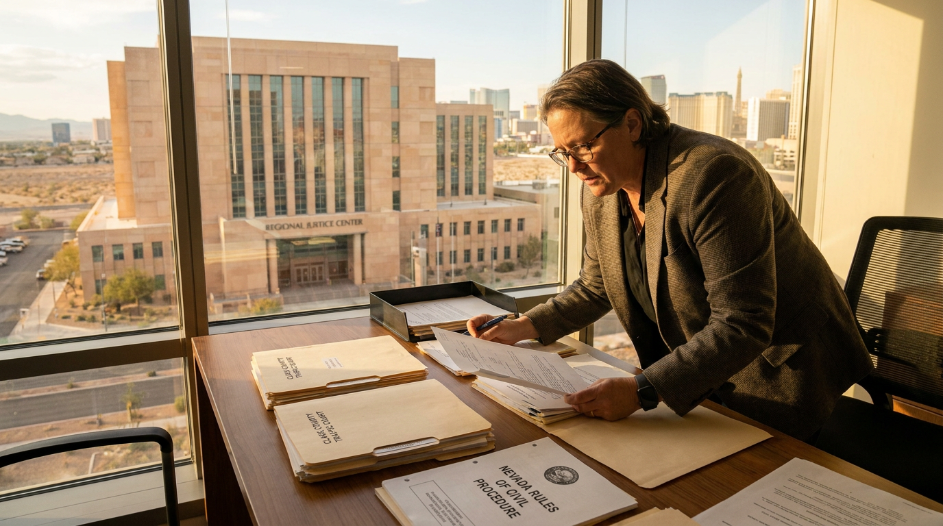 Reviewing traffic ticket documents with Las Vegas courthouse in background