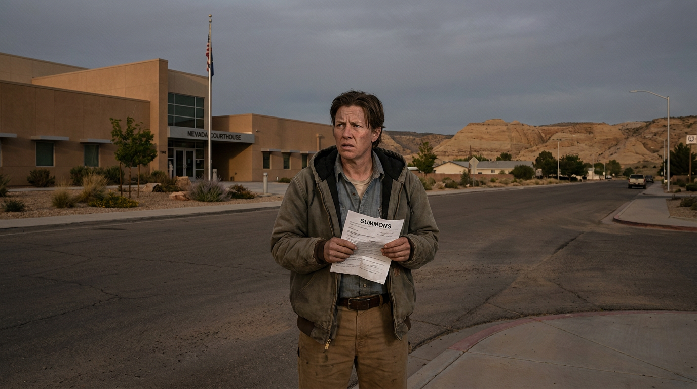 Person outside a Las Vegas courthouse reviewing a court notice